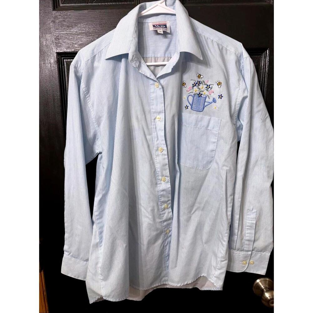 VTG 80s Sz M Button Up Novelty Embroidery Flowers Bees Watering Can Oversized - Picture 2 of 7